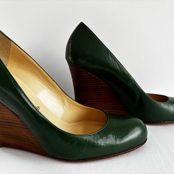 Christian Louboutin Miss Boxe Green Leather & Wood Wedges Shoes 39.5 - Picture 3 of 11